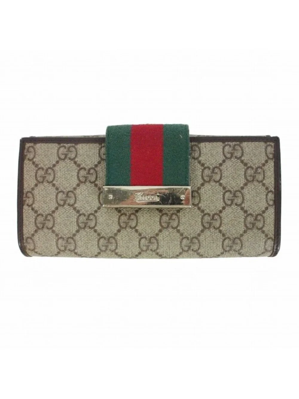 Gucci GG Canvas Sherry Line Snap Wallet Khaki Beige Dark Brown